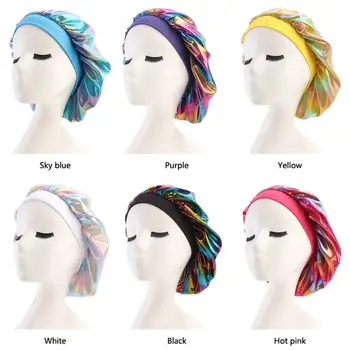 

Womens Womens Faux Silk Bonnet Wide Band Soft Sleep Cap Glitter Reflective Rainbow Colorful Head Covering Ruched Hair Loss Chemo