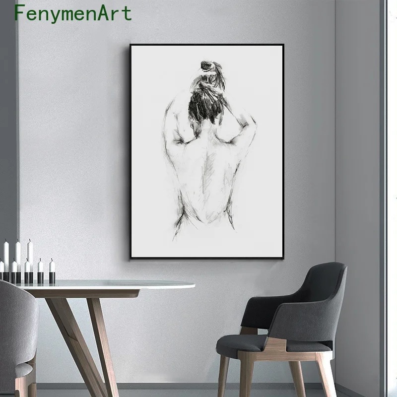 Minimalist Line Drawing Woman Poster Abstract Nude Bathing Woman Canvas Painting Modern Wall Art Picture Bathroom Home Decor