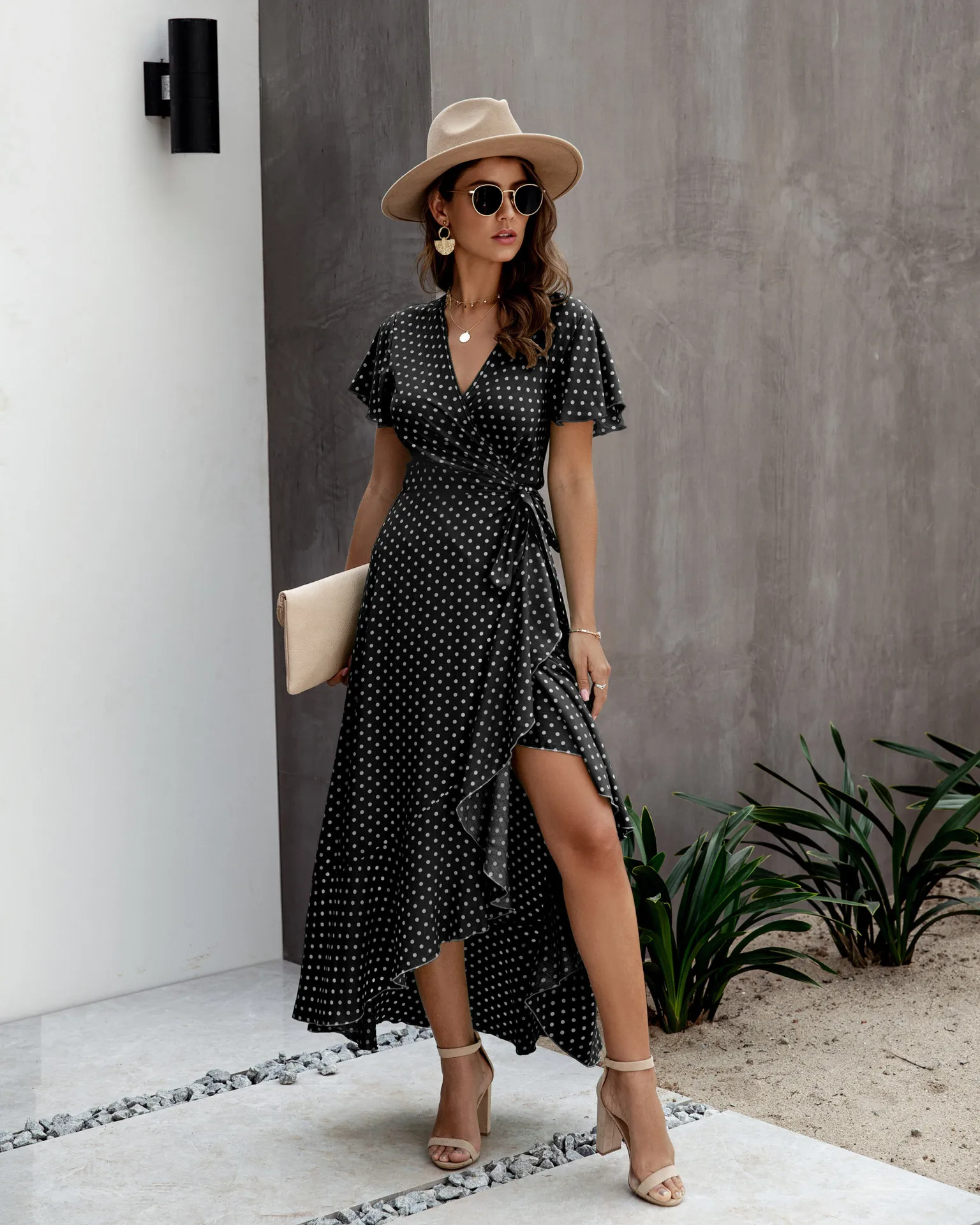 Summer Maxi Dress Women Polka Dot Sexy V Neck Ruffles Short Sleeve Holiday Long Beach Sundress Ladies Lace Up Wrap Party Dresses