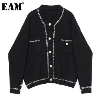 

[EAM] Black Big Size Knitting Cardigan Sweater Loose Fit V-Neck Long Sleeve Women New Fashion Tide Autumn Winter 2020 1DB833