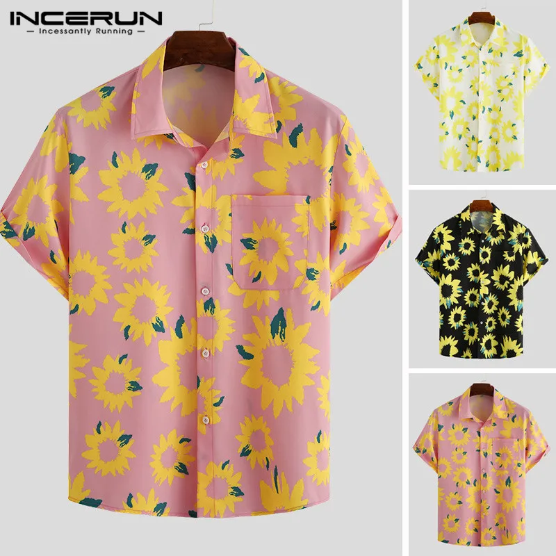 

INCERUN 2020 Summer Men Hawaiian Shirt Floral Print Streetwear Loose Lapel Casual Blouse Short Sleeve Vacation Camisa Plus Size