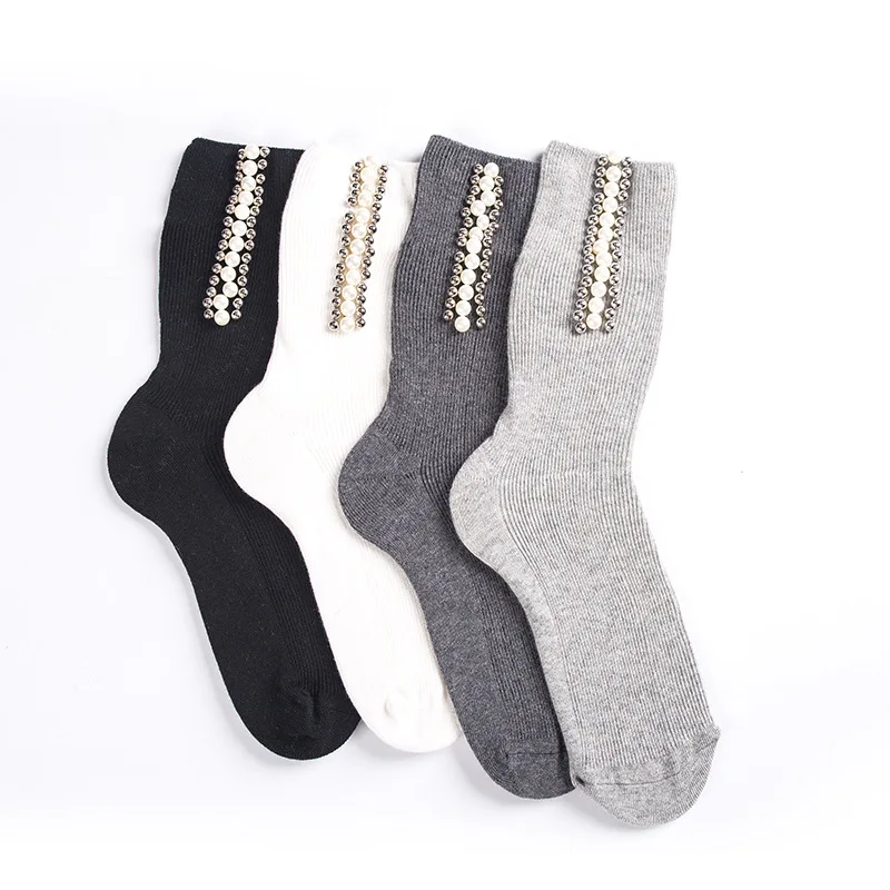 Высококачественные европейские короткие носки ручной работы с бусинами и жемчужинами Детские однотонные носки без пятки в Вертикальную Полоску Хлопковые женские носки