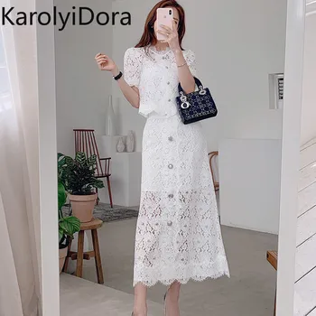 

2020 Summer Lace 2 Pieces Suits Women Short Sleeve Beading Button Lace Shirt Top + Single-Breasted A-Line Long Skirt Office Set