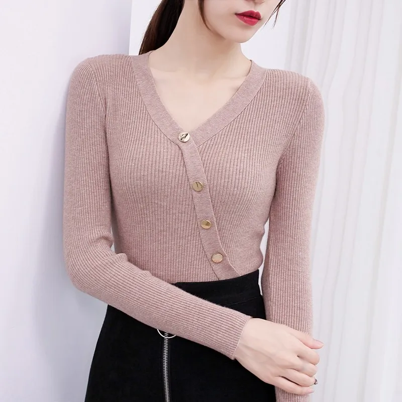 

Korean Fashion Knitted Tops Pullover Women Casual Button V-Neck Sweater Female Bottoming Sweaters