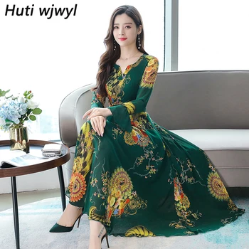 

2019 Vintage Print Chiffon Maxi Dresses Autumn Winter 3XL Plus Size Long Sleeve Midi Dress Elegant Women Bodycon Party Vestidos