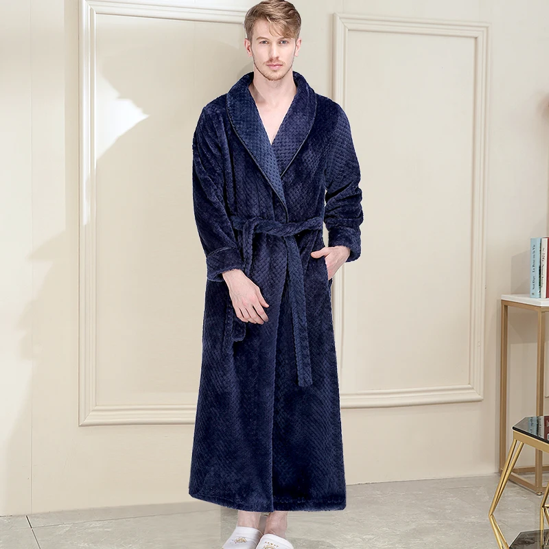 Extra Long Thick Waffle Coral Fleece Winter Warm Bath Robe Men Women Flannel Kimono Bathrobe Male Dressing Gown Mens Nightwear pajama pants Men's Sleep & Lounge