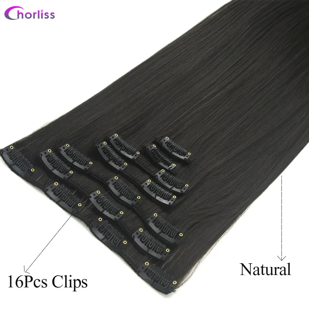 Synthetic Long Straight Clip in Hair Extensions 22" Women Fake False Hair Pieces Ombre Black Brown Blonde Styling 7Pcs