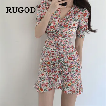 

RUGOD Fashion marmeid floral dress women elegant v neck short sleeve mini dress for summer korean slim boho sundress vestidos