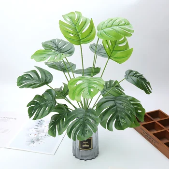 

50cm 18 Heads Artificial Plants Branch Tropical Monstera Tree Real Touch Plastic Palm Leaves Fake Turtle Foliage for Room Decor