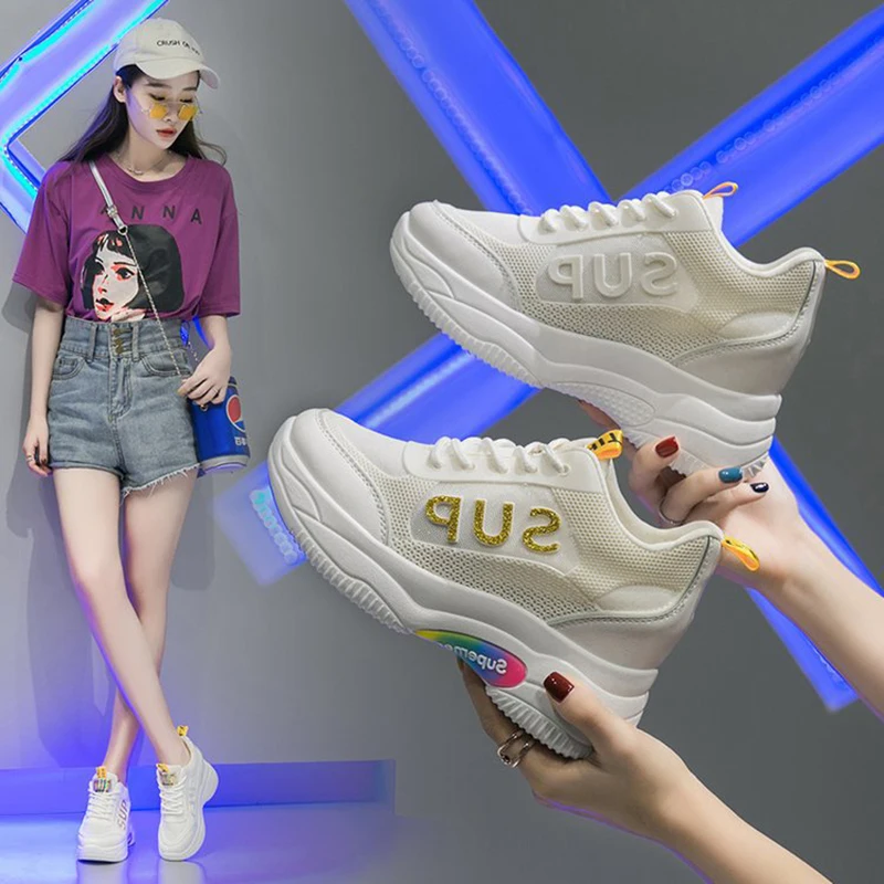 

Trendy Women Sneakers Chunky Heel Wedges Shoes Platform Dad Sneakers Chaussures Femme Trainers Lace Up Air Mesh Vulcanize Shoes
