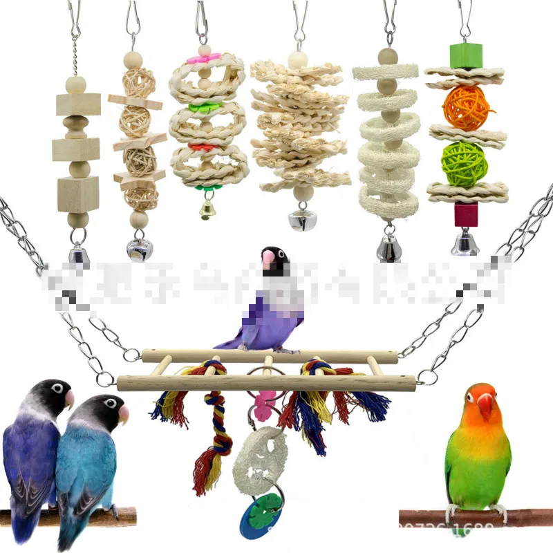 

7pcs Parrot Toy Primary Color Set Suspension Bridge Rattan Ball String Towel Gourd Piece String Toy Combination Bird Toy