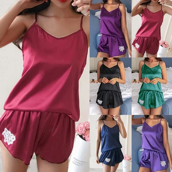 

Female Simulation Silk Pajamas Set Summer Sleeveless Sexy Large Size Women's Pajamas Two-piece Ice Silk Suit