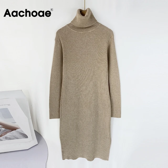 Aachoae Solid Knitted Long Dress Women Autumn Winter Turtleneck Long Sleeve Sweater Dress Lady Split Loose Casual Dress Vestidos 2