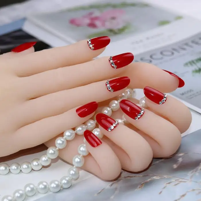 Свадебные наконечники для ногтей 24 шт твердые красные длинные накладные ногти с клеем хрустальные стразы блестящие накладные ногти для ногтей