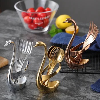 

1 set Stainless Steel Dinner Fork Set swan fruit fork holder tea spoon Tableware Suit cutlery dinnerware kitchen accessories