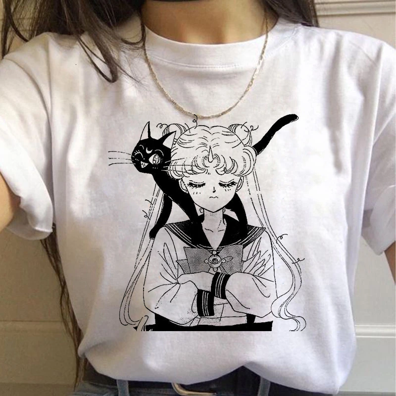 Сейлор Мун 90s забавная Футболка Harajuku одежда футболка Эстетическая кошка аниме Женская милая женская футболка Kawaii футболки Мода Ullzang - Цвет: 420