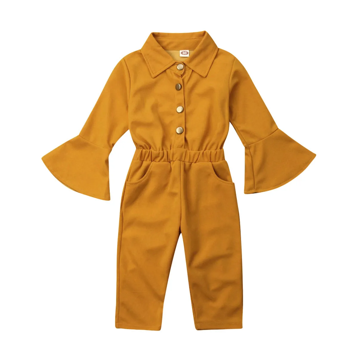 

2019 New Brand Autumn Toddler Kids Baby Girls Yellow Navy Blue Long Flare Sleeve Button Shirts Jumpsuit Outfits