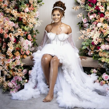 결혼식용 스위트 신부 로브, 오프숄더, 긴 소매, 사이드 스플릿, 스윕 트레인, 주름 장식, 비즈 신부, 피로연 드레스