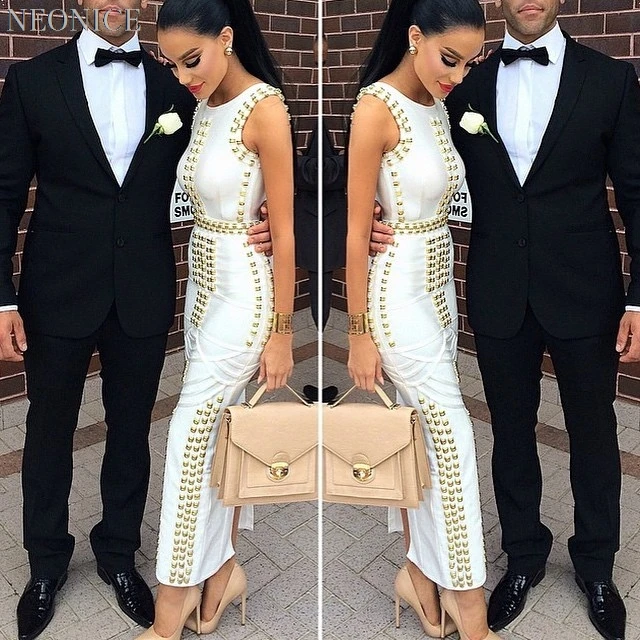 2019new woman Elastic bandage dress tight nightclub socialite birthday party fashion sexy package hip leisure golden beads split