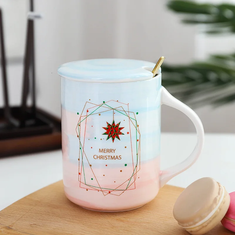 Square snowflake Креативная Золотая Рождественская керамическая кружка с крышкой-ложкой, индивидуальная керамическая кофейная чашка, Офисная бизнес чайная кружка, питейная посуда кружки, подарок - Цвет: Square snowflake