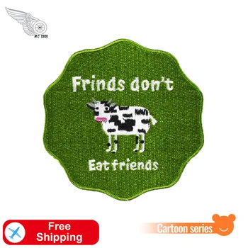 

Frinds Don't Eat Friends Embroidered Patch Green Meadow Cartoon Dairy Cow Patches for Kids Iron on Badges for Hat Clothes Jeans