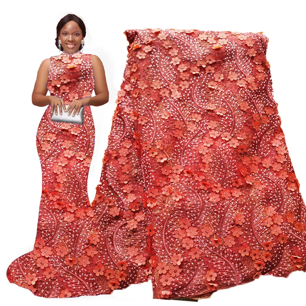 New arrival 3d flower african sequence lace fabric coral Nigerian french tulle net fabrics for Party dresses | Дом и сад