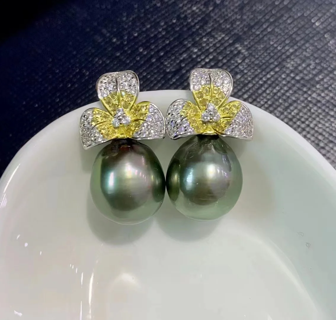 

Fashion 925 Silver 11-12mm Rice Round Black Tahitain Seawater Pearl Stud Earrings For Women Bright Light Fine Jewelry Gift AAA