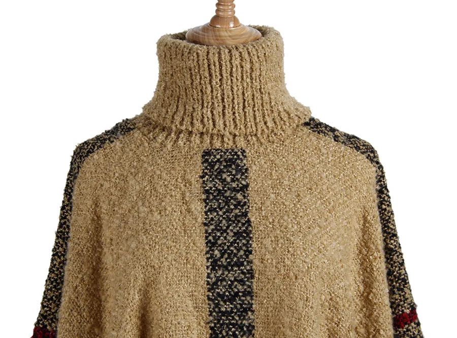 Winter Women Tassel Sweater Turtleneck Batwing Sleeves Loose Knit Capes Plaid Elegant Oversize Streetwear Knit Poncho