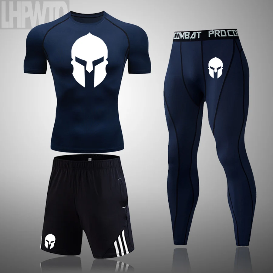 Ropa Deportiva de verano de los hombres traje de correr gimnasio camiseta Leggings rápido compresión seca MMA entrenamiento shorts de manga Hombre Deporte conjunto