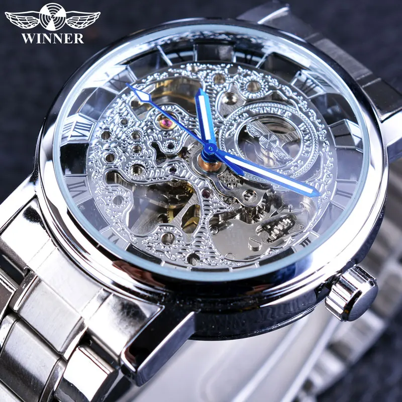 

Winner Classic Retro Design Blue Hands Silver Stainless Steel Men Military Wrist Watch Top Brand Luxury Automatic Skeleton Clock