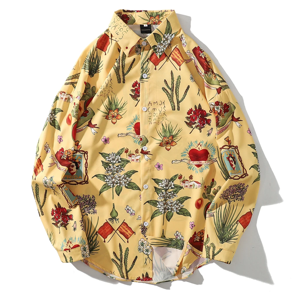 OSCN7 Повседневная рубашка с длинными рукавами и принтом Мужская Высокая уличная Осенняя женская рубашка ретро рубашки Harujuku Мужская рубашка 606 - Цвет: Цвет: желтый