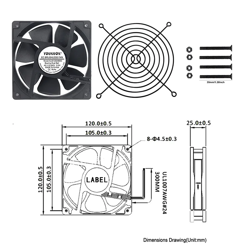 Younuon-ventilador Axial sem Escova Dual Ball Vem com Parafusos Grill 120 mm 120 mm ca 110v 115v 120v 220v 240v 120x120x25 mm - Imagem 6