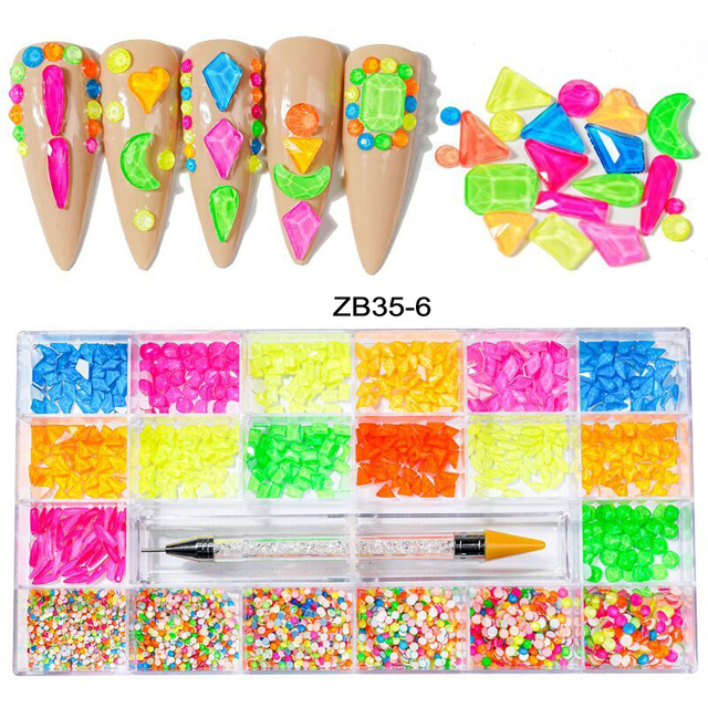 Multi Nail Rhinestones Kit Flatback 240pcs Alloy Charms (Neon,Pink,AB,Blue) Glass Jewelry Nail Art Crystal Box 2022