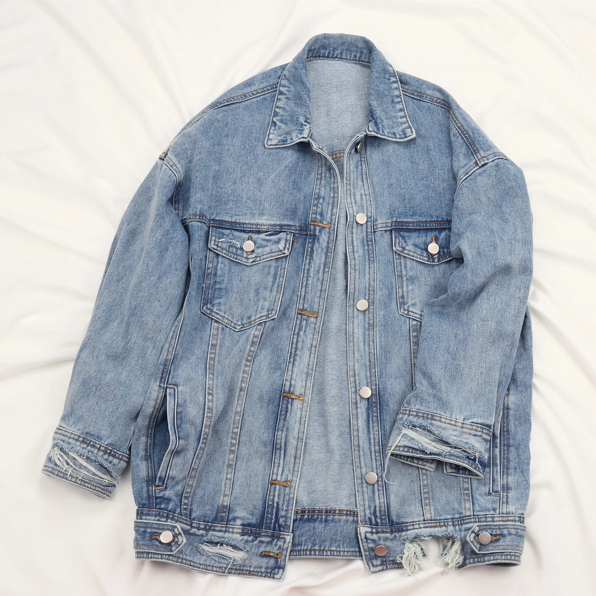 

Korean Fashion Wash Frayed Denim Jacket Women Student Basic Outerwear Spring Autumn New Loose Mid Long Jeans Jacket Coat Female