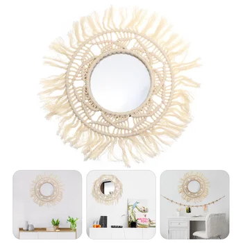 

Hanging Wall Mirror with Macrame Handmade Fringe Nordic Decor Round Decoration