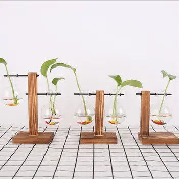 

Modern Terrarium Hydroponic Plant Vases Vintage Flower Pot Transparent Vase Wooden Frame Glass Tabletop Plants Home Bonsai Decor