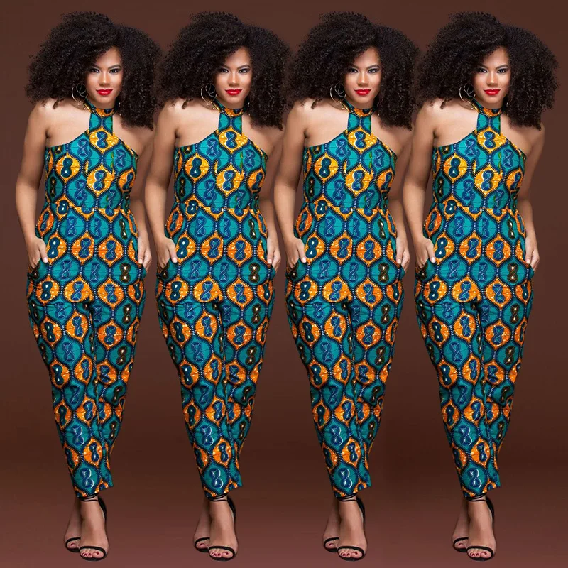 

Plus size sleeveless strappy Dashiki African Print jumpsuit women romper 2018 summer halter sexy off shoulder long pant outfits