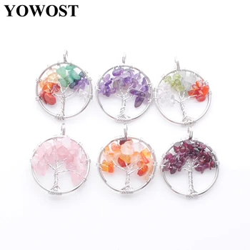 

Random Mixed 10Pcs/lot Tree of life handmade wire wrapped Pendants Dangle natural Chips Stone Beads Chakra Reiki Round IBN388