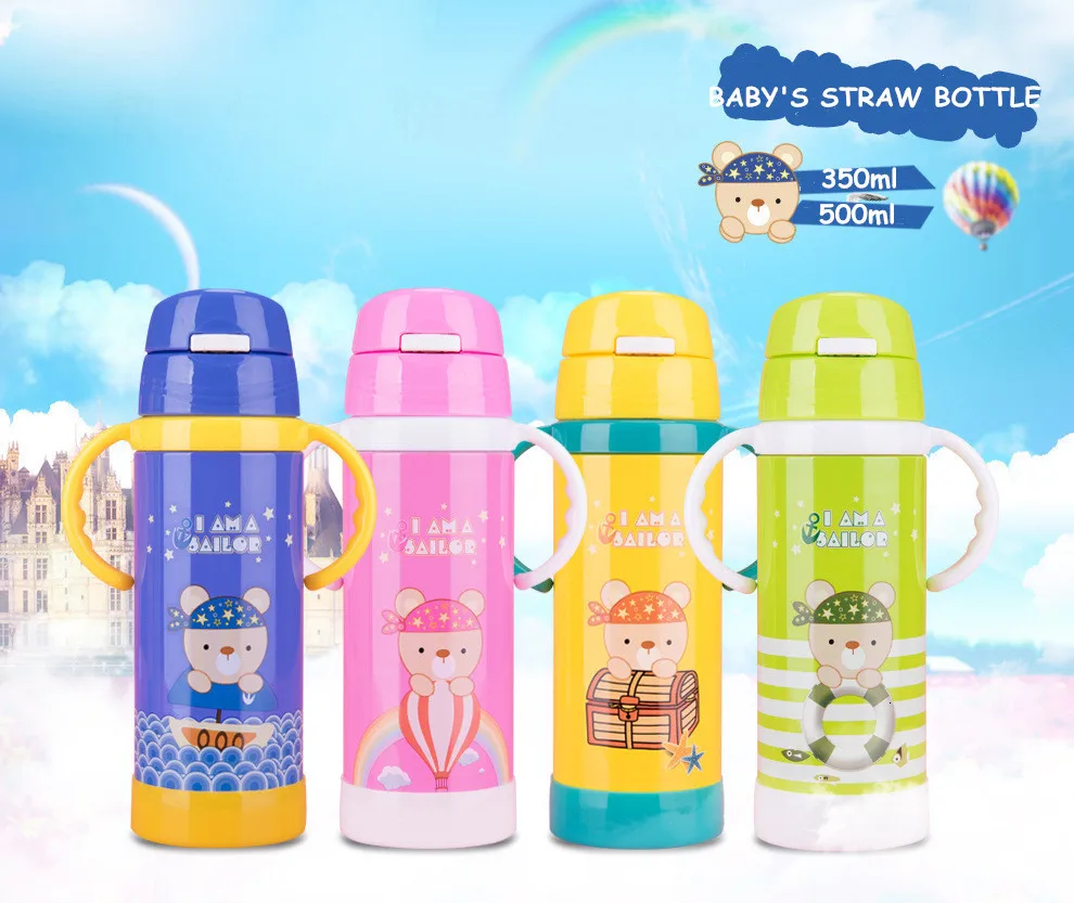 Eco-Friendly 500ML Baby's Vacuum Water Bottle handgrip Children Powdered Milk Thermals cup Stainless steel straw Thermos Flasks