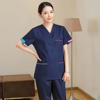 

Women's Fashion Scrub Set Medical Uniforms Color Blocking V Neck Scrub Top with Side Vent + Pants Pure Cotton Surgery Workwear