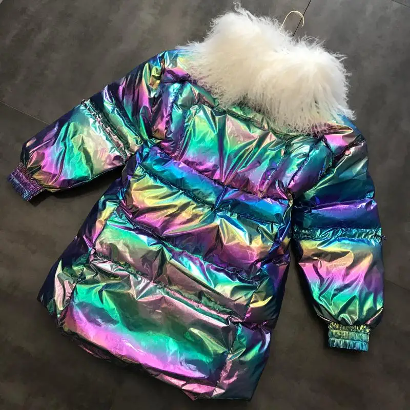 new big lamb fur collar colorful waist drawstring drawstring long cotton jacket women tide