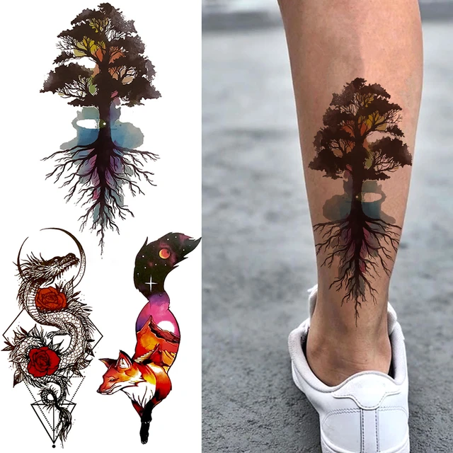 Watercolor 3D Pin Tree Temporary Tattoo For Kids Women Realistic Fox Fake Tattoos Sticker Geometric Dragon Tatoo Body Legs Hands - AliExpress