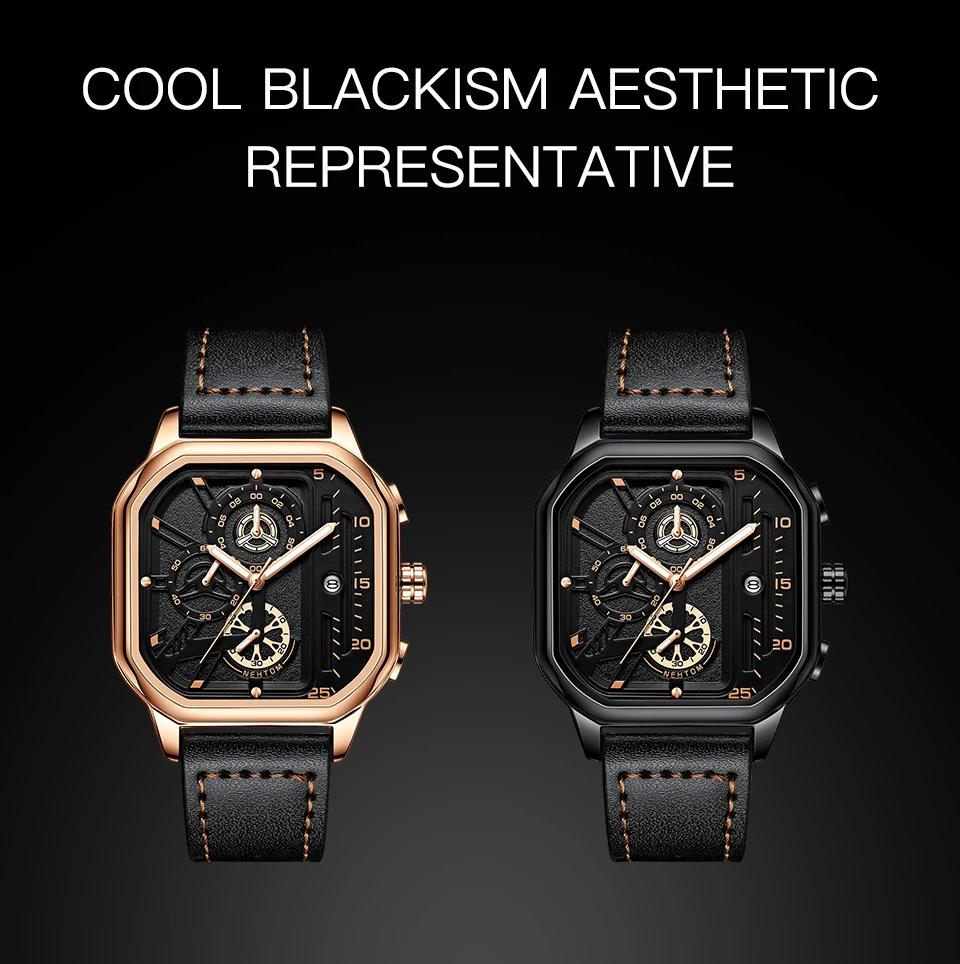 NEKTOM 2021 New Watches Square Sport Mens Watches Waterproof Full Leather Quartz Gold Clock Man Watches Luminous Wristwatch