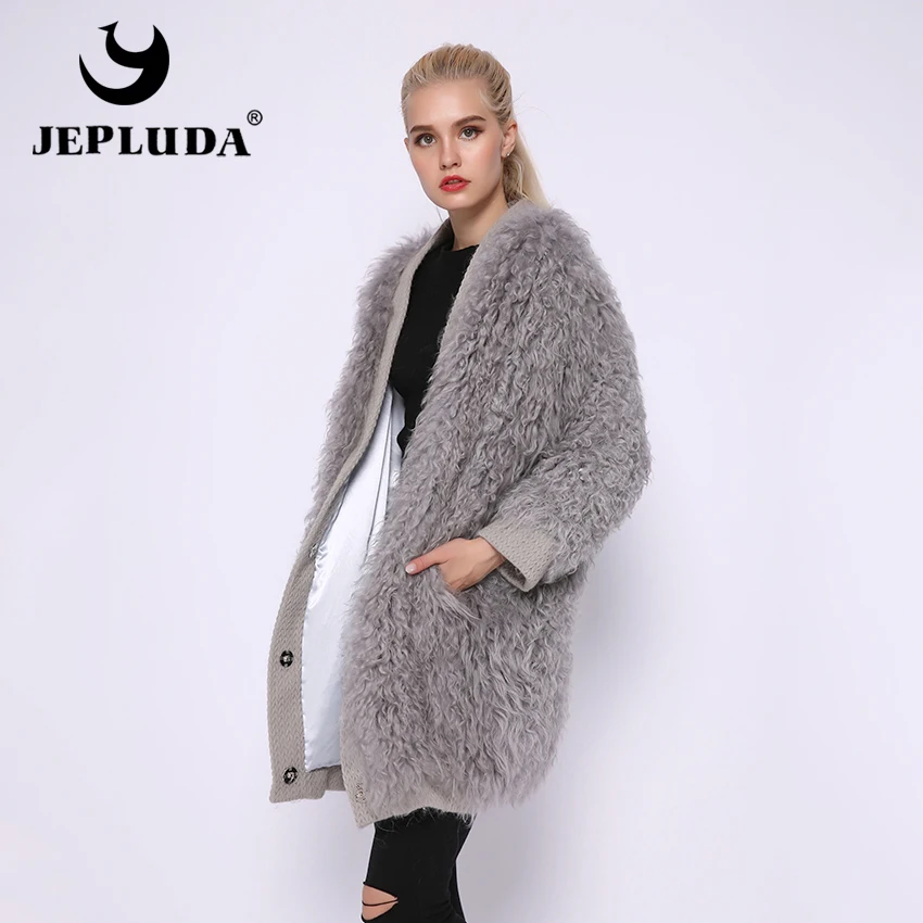 JEPLUDA Plus Size женская шуба натуральный мех овечья кудрявый без размера высоко качественное зимнее пальто для женщин вязаное мех натуральное лама женская куртка из натурального меха свободная стиль европейская мода