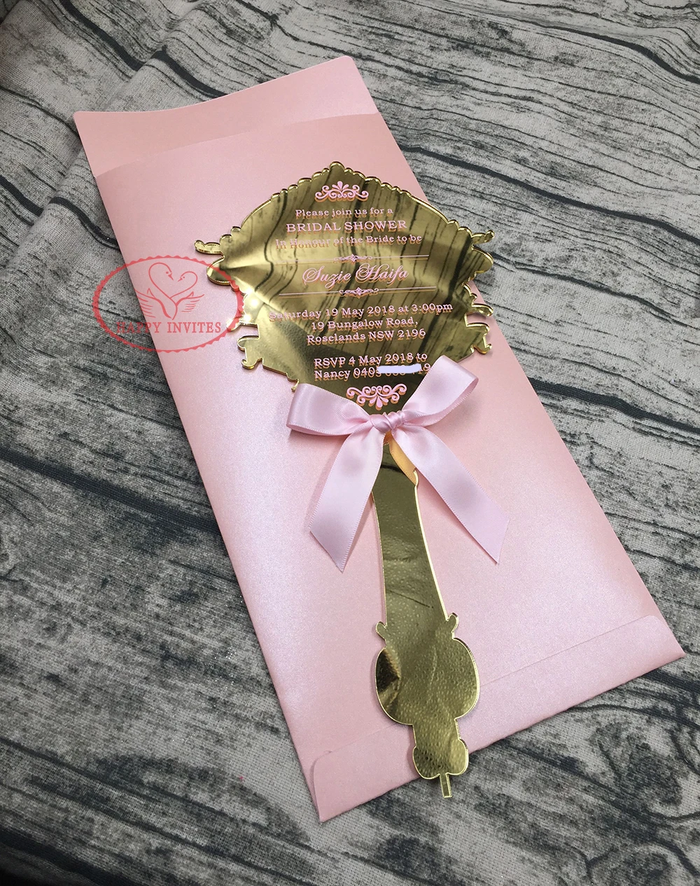 HI4053-12 Customized Golden Mirror Wedding Invitation Card with Pink Printing