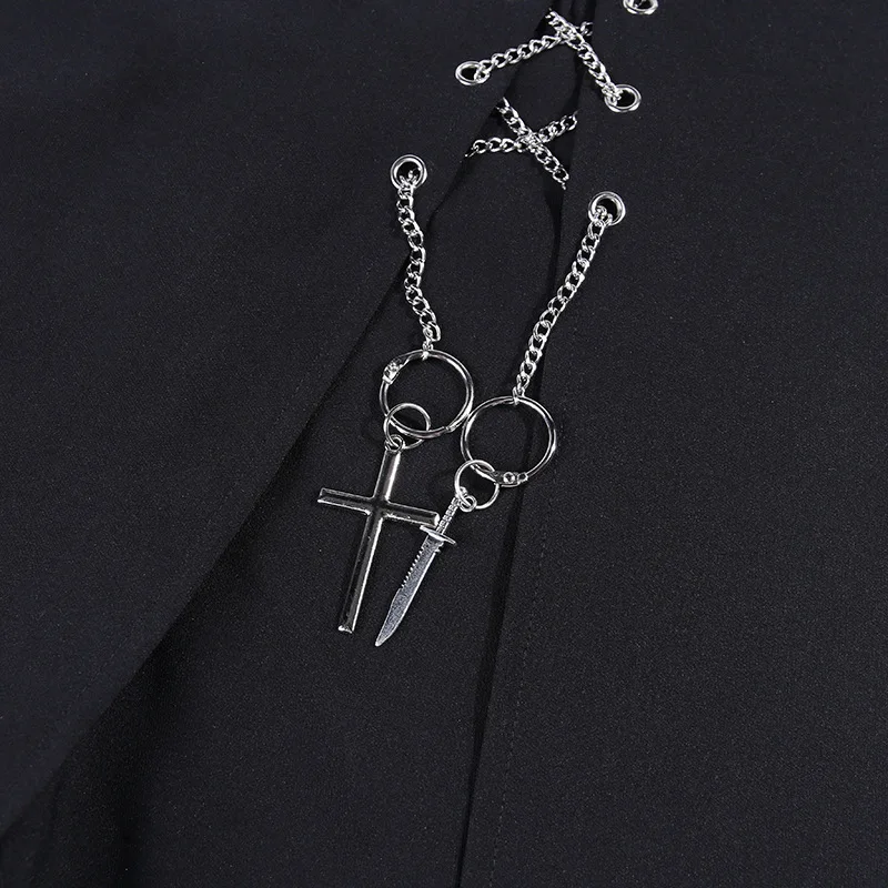 Black Dark Goth Woman Shorts Skirts Punk Irregular Culottes Gothic Cool 2020 Zipper Eyelet Metal Cross Decoration Fake Two Piece