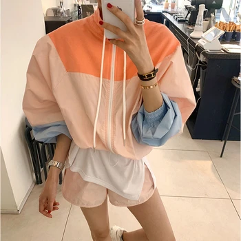

Colorful Patchwork Sport Set Women 2020 Spring Summer Turtleneck Long Sleeve Cardigan Coat+elastic Loose Shorts 2 Piece Set