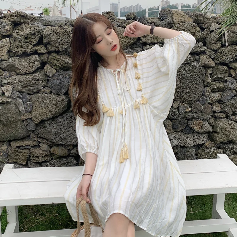 Ulzzang/новое летнее женское платье с рукавами-фонариками в Корейском стиле; женская одежда с кисточками на шнуровке; модные платья в полоску