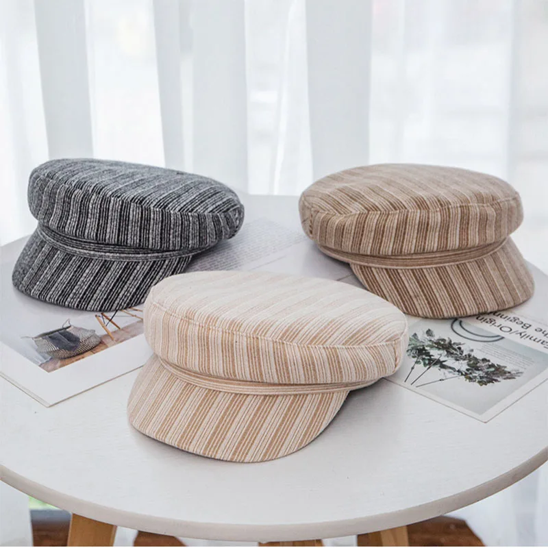 HANGYUNXUANHAO New Octagonal Hats Women Autumn Winter Cap Flat Top Cap Berets Hats Vintage Striped Caps