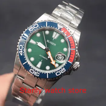 

Luxury Bliger 40mm green dial luminous marks ceramic rotating bezel sapphire miyota automatic movement men's wrist watch